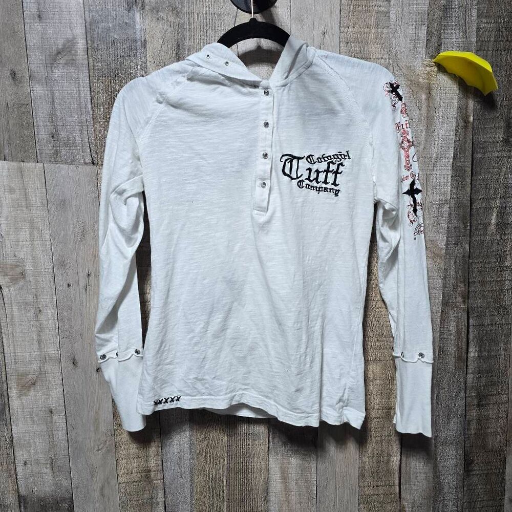 Cowgirl Tuff White Never Give Up Cross Embroidered Henley Hooded Tee Large Rodeo